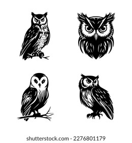 A collection set of Hand drawn owl logo silhouettes, perfect for nature or wildlife-themed designs. Each illustration is unique and intricate