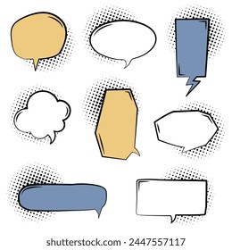 Collection set of hand drawn pop art polka dots halftone, blank speech bubble balloon, shout think speak talk text box banner, flat design vector illustration