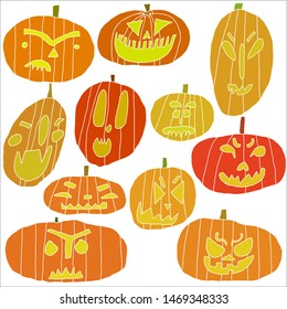 collection set of hand drawn pumpkins with scary faces. Isolated on white background. Spooky Happy Halloween sticker, card, poster. Fun design for print, party invitation. Stock vector illustration.