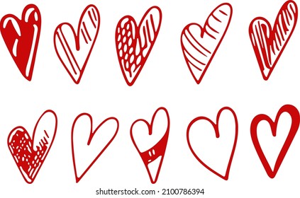 Collection set of hand drawn red doodle scribble hearts isolated on white background
