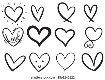 collection set of hand drawn scribble hearts isolated on white background