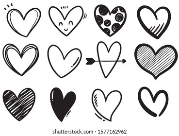 collection set of hand drawn scribble hearts isolated on white background