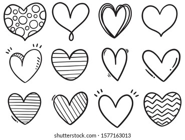 collection set of hand drawn scribble hearts isolated on white background