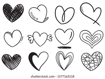 collection set of hand drawn scribble hearts isolated on white background