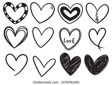 collection set of hand drawn scribble hearts isolated on white background