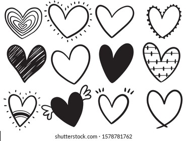 collection set of hand drawn scribble hearts isolated on white background