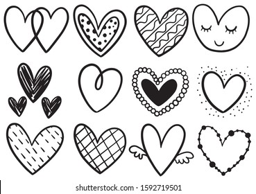 collection set of hand drawn scribble hearts isolated on white background