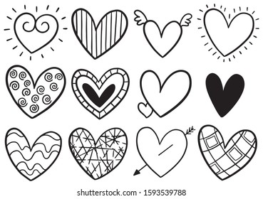 collection set of hand drawn scribble hearts isolated on white background