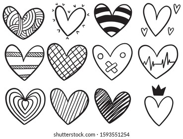collection set of hand drawn scribble hearts isolated on white background