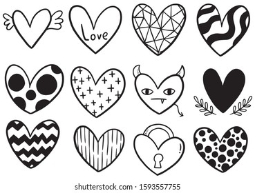 collection set of hand drawn scribble hearts isolated on white background