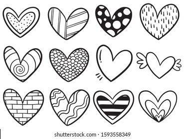 collection set of hand drawn scribble hearts isolated on white background