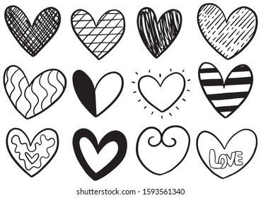 collection set of hand drawn scribble hearts isolated on white background