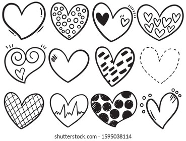 collection set of hand drawn scribble hearts isolated on white background