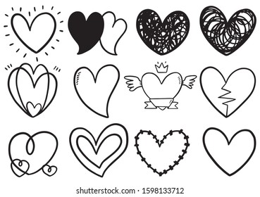 collection set of hand drawn scribble hearts isolated on white background