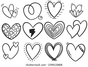 collection set of hand drawn scribble hearts isolated on white background