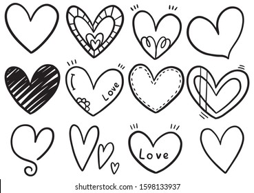 collection set of hand drawn scribble hearts isolated on white background