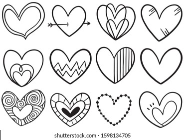collection set of hand drawn scribble hearts isolated on white background