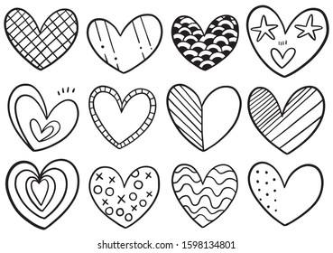 collection set of hand drawn scribble hearts isolated on white background