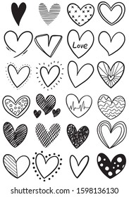 collection set of hand drawn scribble hearts isolated on white background