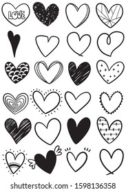 collection set of hand drawn scribble hearts isolated on white background