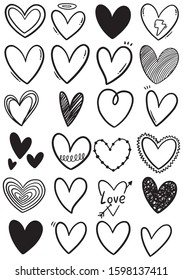 collection set of hand drawn scribble hearts isolated on white background