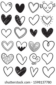 collection set of hand drawn scribble hearts isolated on white background