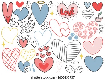 collection set of hand drawn scribble hearts isolated on white background