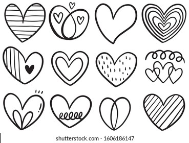 collection set of hand drawn scribble hearts isolated on white background