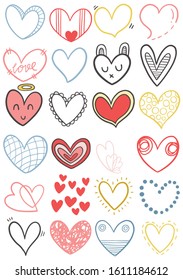 collection set of hand drawn scribble hearts isolated on white background