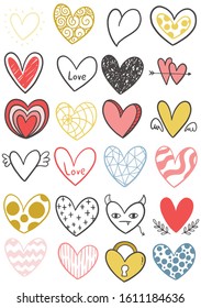collection set of hand drawn scribble hearts isolated on white background