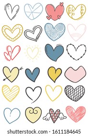collection set of hand drawn scribble hearts isolated on white background
