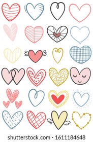 collection set of hand drawn scribble hearts isolated on white background