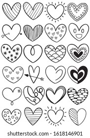 collection set of hand drawn scribble hearts isolated on white background