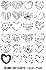 collection set of hand drawn scribble hearts isolated on white background