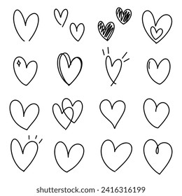 Colección de corazones dibujados a mano y garabatos aislados en fondo blanco. Un conjunto vectorial de corazones dibujados a mano sobre un fondo blanco. Juego de iconos de corazón, iconos dibujados a mano e ilustraciones para las tarjetas de San Valentín.