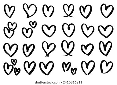 Collection set of hand drawn scribble hearts isolated on white background. Vector set of hand drawn hearts on a white background. Heart Icons Set, hand drawn icons and illustrations for valentines.