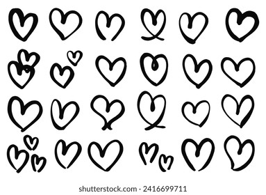 Collection set of hand drawn scribble hearts isolated on white background. Vector set of hand drawn hearts on a white background. Heart Icons Set, hand drawn icons and illustrations for valentines.