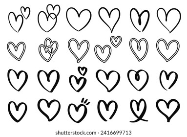 Colección de corazones dibujados a mano y garabatos aislados en fondo blanco. Un conjunto vectorial de corazones dibujados a mano sobre un fondo blanco. Juego de iconos de corazón, iconos dibujados a mano e ilustraciones para las tarjetas de San Valentín.