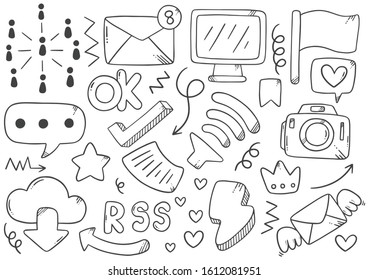 collection set of hand drawn social media doodles isolated on white background