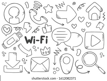 collection set of hand drawn social media doodles isolated on white background