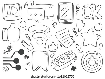collection set of hand drawn social media doodles isolated on white background