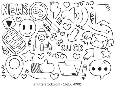 collection set of hand drawn social media doodles isolated on white background