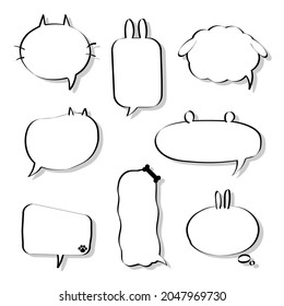 collection set of hand drawn speech bubble balloon, think, speak, talk, text box banner with animal pet, cat, rabbit, dog, bear, flat design vector illustration
