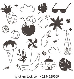 collection set of hand drawn tropical fruits and summer holiday items. Doodle, sunglasses, coconut, pineapple, lemon, shells, tropical leaves, palm tree, corals, clouds, breeze, sparkling water, peach