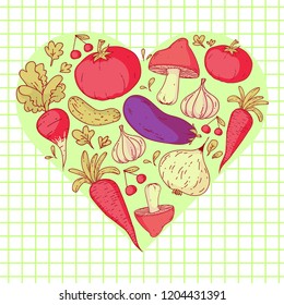 Collection set of hand drawn vegetables. Doodle style, colorful illustrations. For banners, leaflets, posters, menus. full colored.