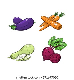 Collection set of hand drawn vegetables isolated on white background. Vector illustration of eggplant, carrots, zucchini and beetroot in vintage sketch style - stock vector