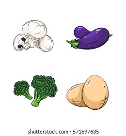 Collection set of hand drawn vegetables isolated on white background. Vector illustration of champignon, eggplant, broccoli and eggs in vintage sketch style - stock vector