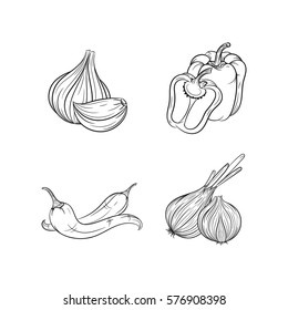 Collection set of hand drawn vegetables isolated on white background. Vector illustration of bell pepper, garlic, chilli pepper and onion in vintage sketch style - stock vector