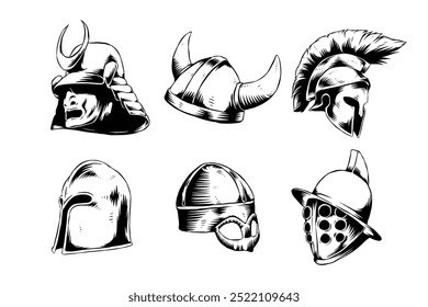 Collection set hand drawn vintage engraving of samurai japanese kabuto, viking, sparta, knight, and gladiator helmet. Vector illustration.