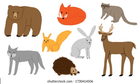 Collection set of hand drawn wild animals isolated on white. Cute funny mammals. Bear, fox, raccoon, hedgehog, deer, wolf, hare, squirrel. Fun design. Stock vector illustration.